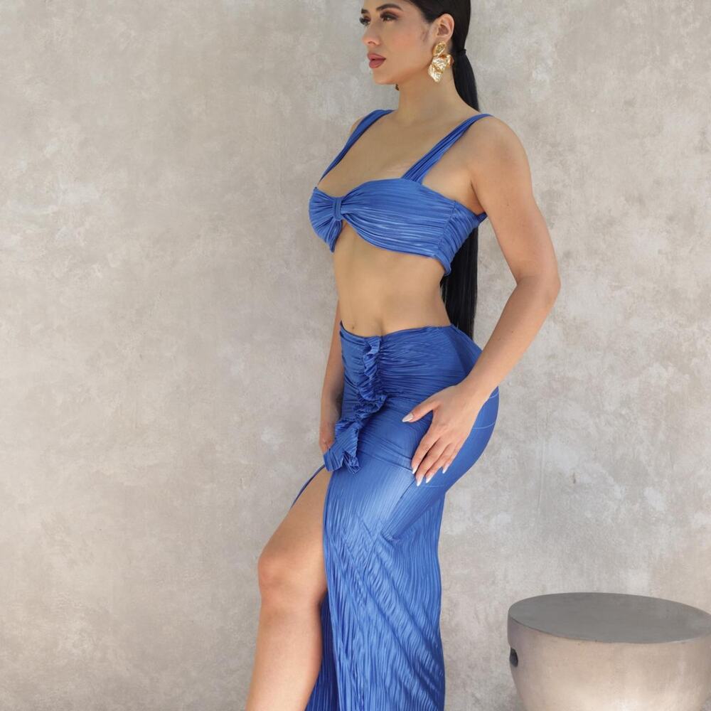 YG COLLECTION: Kara Two Piece Knotted Skirt Set - Blue